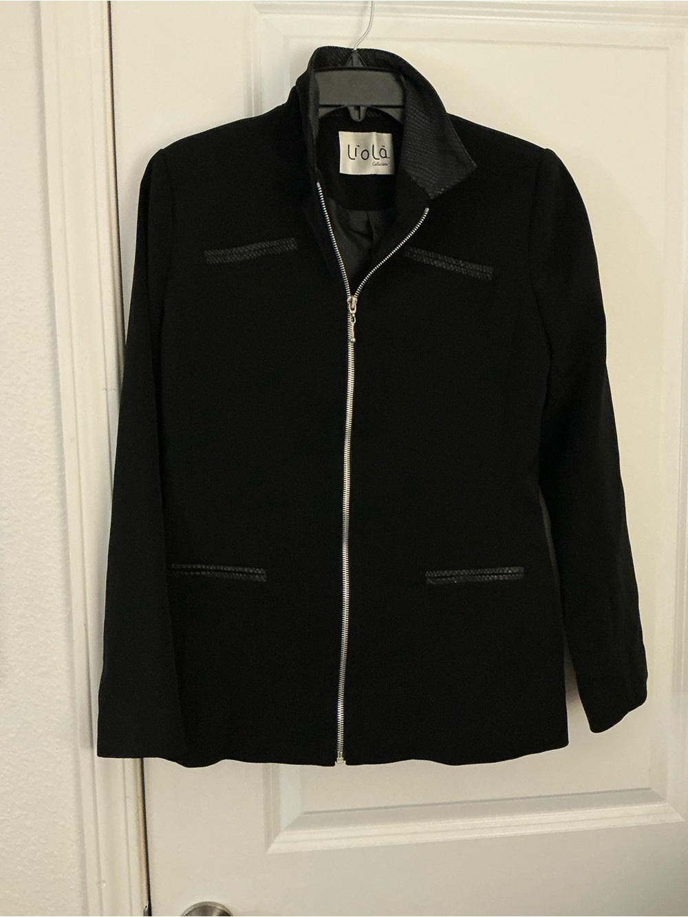 Liola Collezione Black Full Zip Blazer Jacket Faux Leather Trim Italy 8